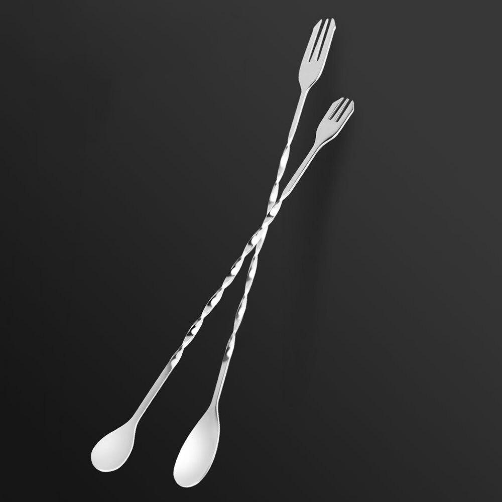 1pcs 304 Stainless Steel Cocktail Mixing Stirring Spoon Fork Bar Spiral Pattern Drink Shaker Muddler Stirrer Twisted Fork Spoon
