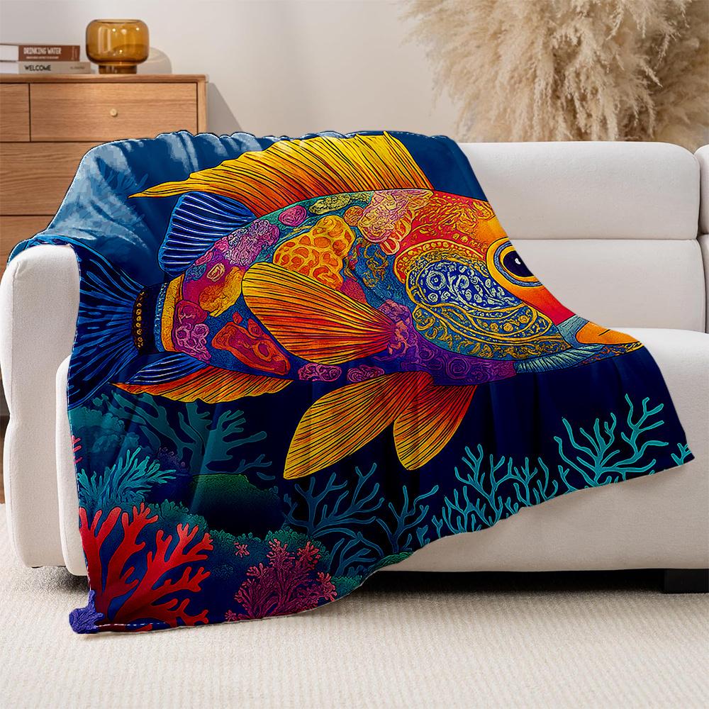 1pc Tropical Fish Coral Reef Print Flannel Blanket - High Weight Soft Warm All-Season Throw with Vibrant Underwater Design, Mach