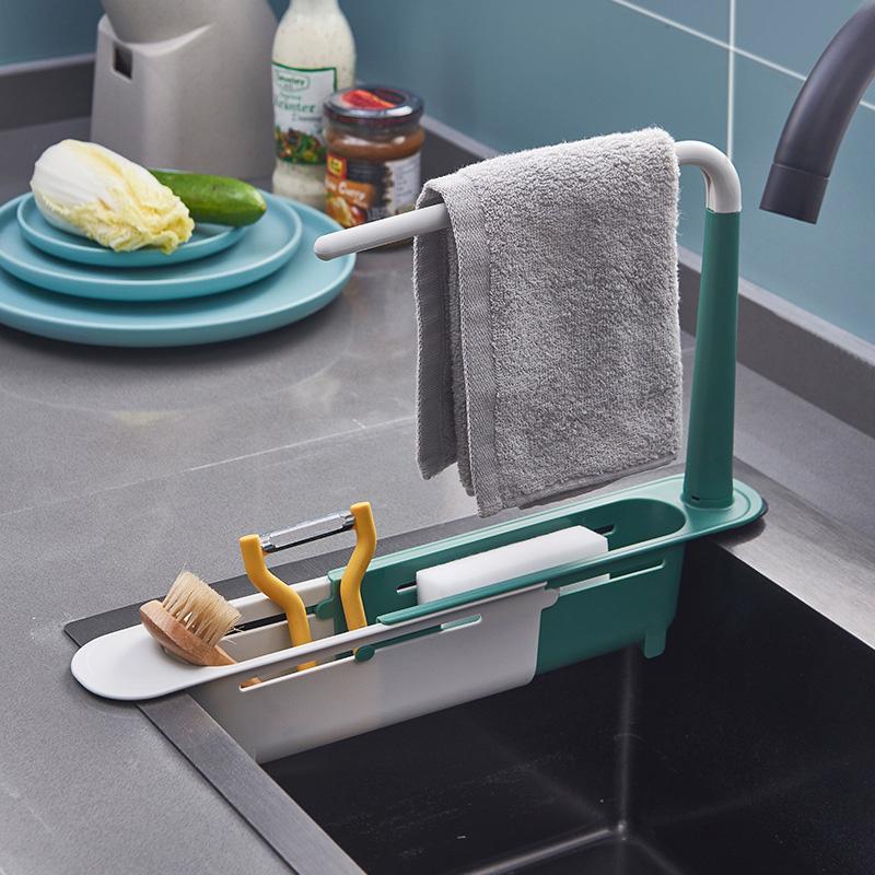 Sink Organizer Telescopic Kitchen Sink Shelf Soap Sponge Holder Towel Hanger Sink Drain Rack With Drainer Basket Kitchen Gadgets