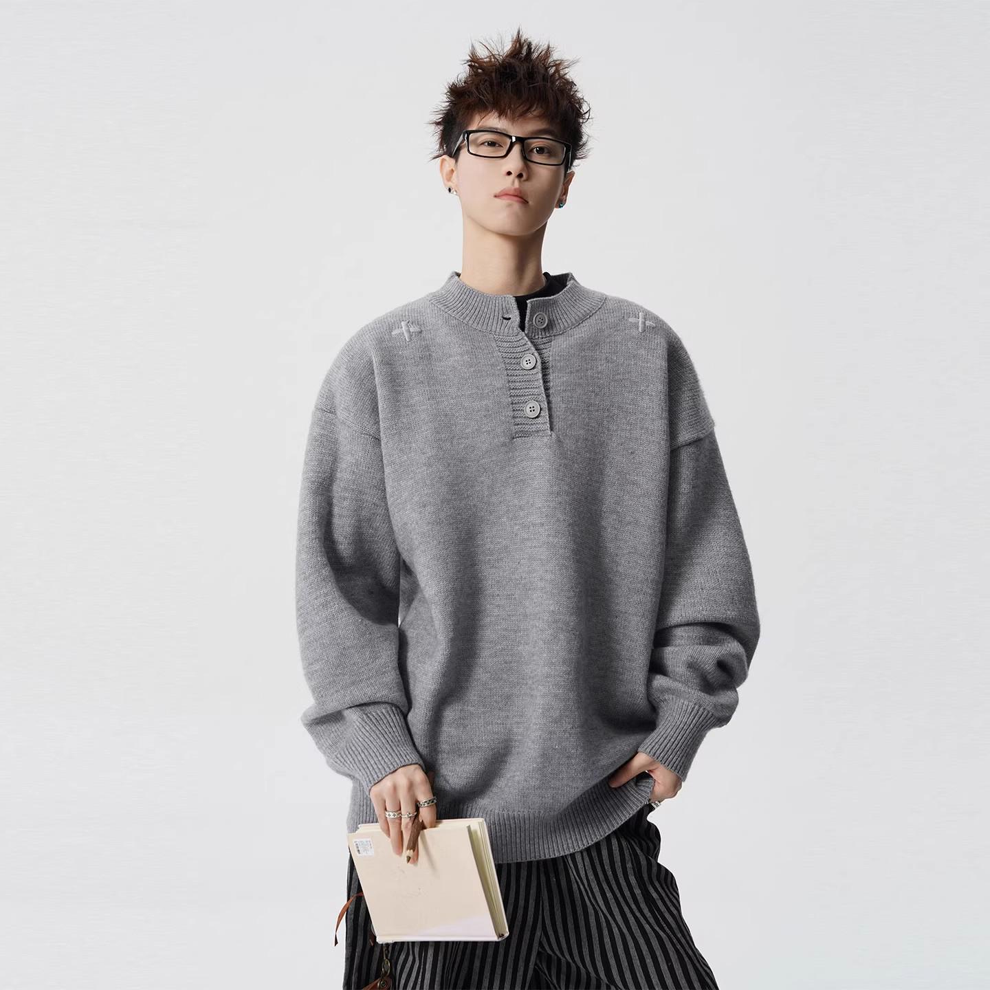 Мужской зимний модный вязаный свитер-henley: Теплая, Плотная, Свободная Повседневная Одежда 2XL светло-серый