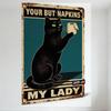 Vintage Rustic Metal Sign with Black Cat Holding Toilet Paper, Teal Background & 'YOUR BUT NAPKINS MY LADY' Text, USA Made Decor
