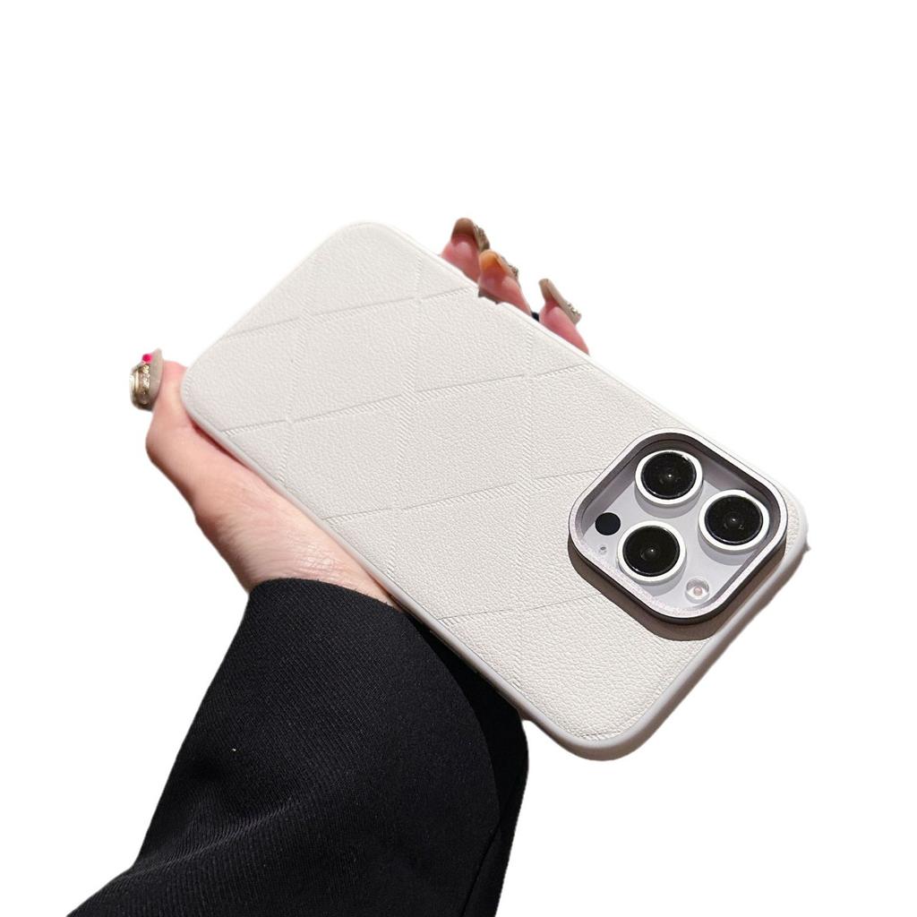 Suitable for Apple 16 Starlight PU Leather Checkered Phone Case, Iphone15 Metal Lens Ring, 14promax Protective Case