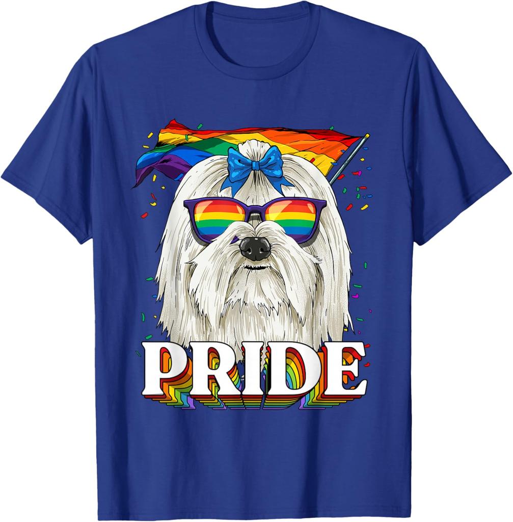 Maltese Dog Pride LGBTQ Rainbow Flag Sunglasses Graphic Tee Casual Cotton T-Shirt