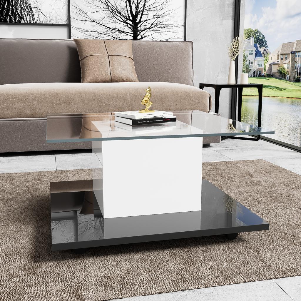 Couchtisch, Couchtisch aus Hochglanzglas, Mobiler Couchtisch mit Schwenkrädern
