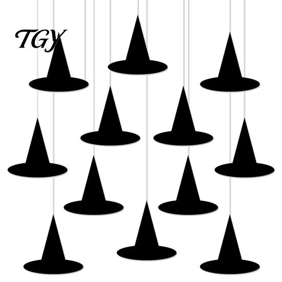 DIY Halloween Theme Setting 12Pcs Witch Hat Hanging Ornaments, Paper Banner Decorations, Pendant Spooky Party Ceiling Drop Decor for Home Window