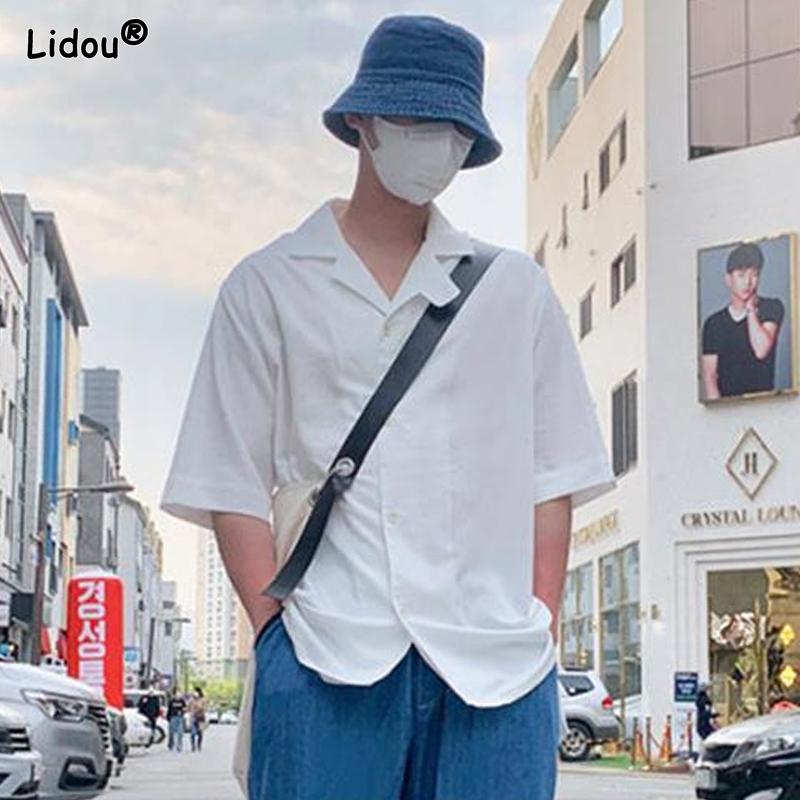 

New Men s Clothing Casual V-neck Office Temperament Man Short Sleeve Solid Color Button Thin Spring Summer Fashion Shirts S белый