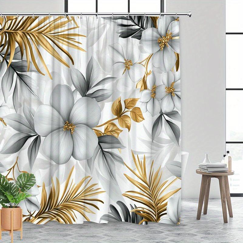 1Pc Floral Shower Curtain With White Hibiscus And Gold Foil Design, Polyester Fabric, Machine Washable, Suitable For Bathroom