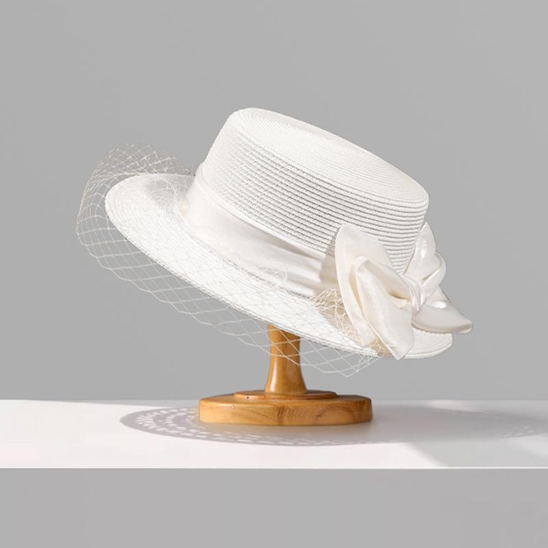 Hepburn Style Mesh Straw Hat For Women, French White Flat Top Sun Cap, Summer New Sun Protection Fedora