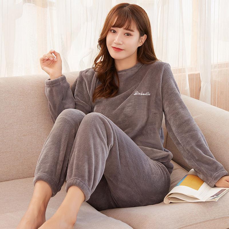 Herbst und Winter Gesichtstuch Aufwärmende Hosenanzug Damen Verdickt Hausanzug Korallenfleece Warm Locker Große Größe Pyjamas Hausanzug