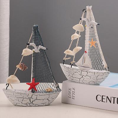 Mini Sailboat Model Nautical Resin Sailing Boat Decoration with Shell Starfish Rustic Vintage Beach Ocean Theme Ship Ornament for Home Office Bedroom