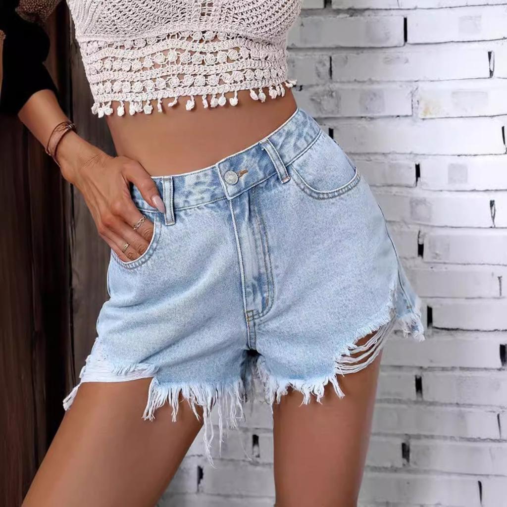 Women's High Rise Denim Shorts Straight Fit Ripped Frayed Streetwear Jean Shorts