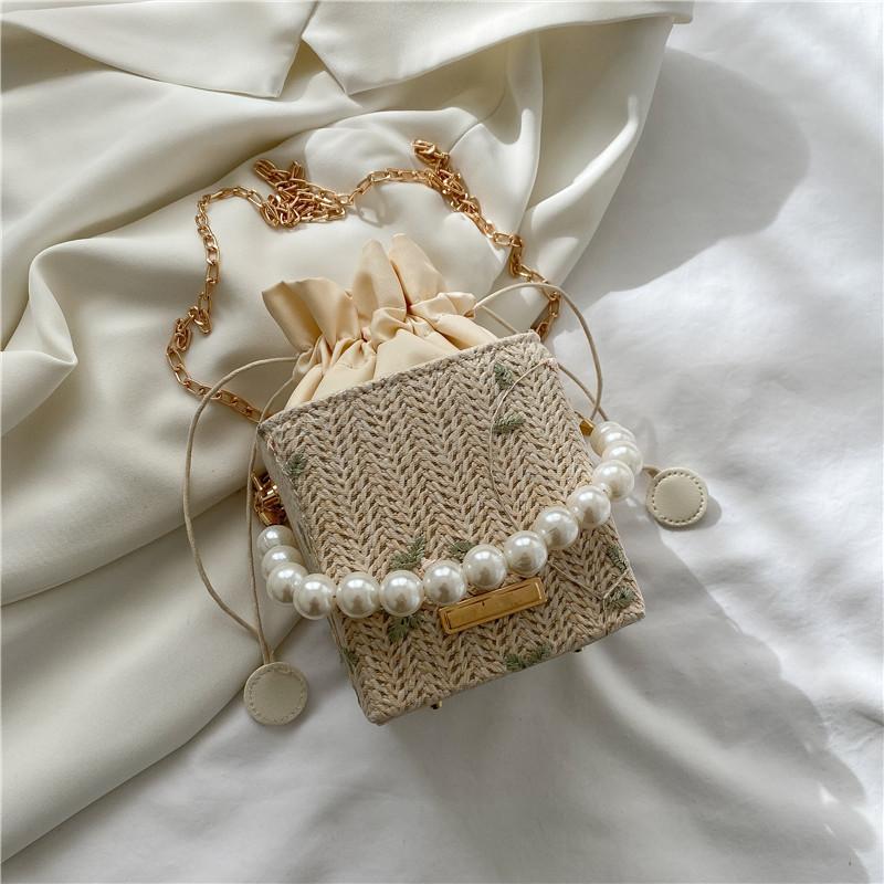 Fashionable Vintage Small Bucket Bag With Lace And Pearl Detailing For Women белый