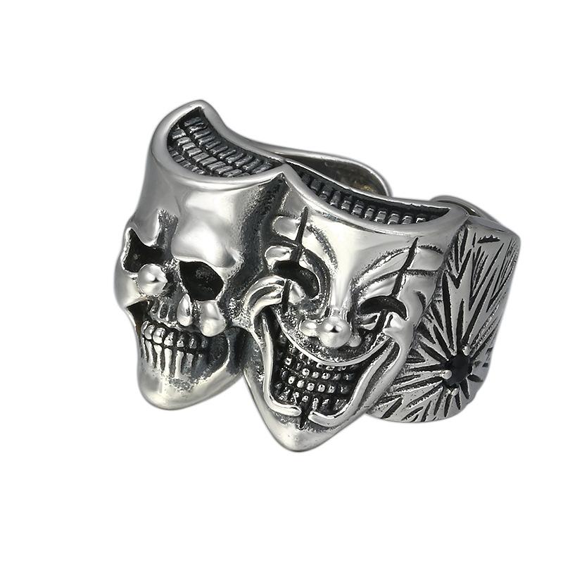 Retro Two Face Joker Ring For Men Silver Color Punk Gothic Adjustable Ring Rock Handmade Hiphop Unisex Jewelry Accessories Gift