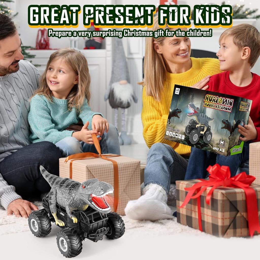 Remote Control Car, 2.4GHz 1:18 RC Cars With Light, 98FT 8KM/H 2-Rechargeable Battery, All Terrain Monster Remote Control Truck Toy, Dinosaur Monster