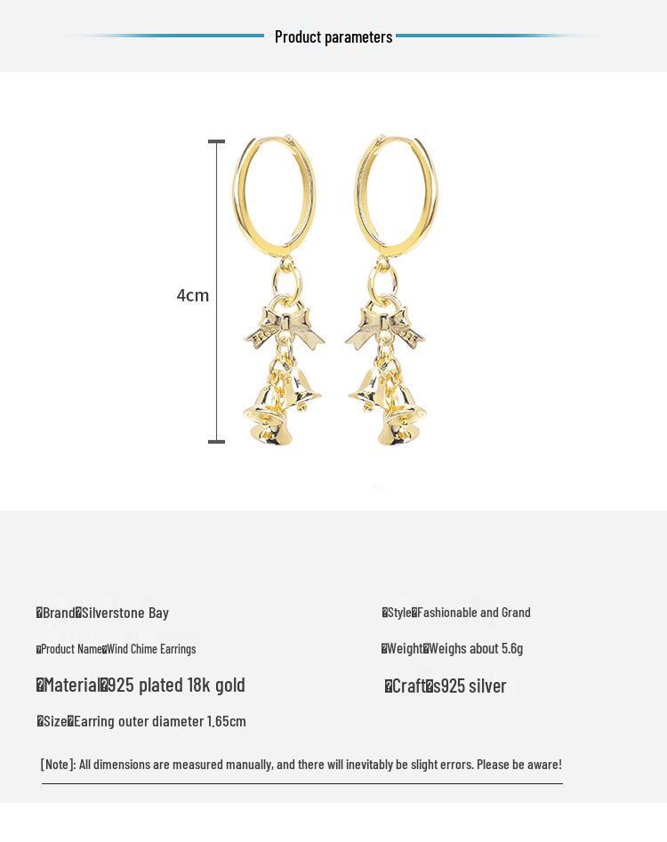 Christmas Hot Selling Women’s S925 Silver Wind Chime Earrings with 18K Gold Plated Ear Cuffs