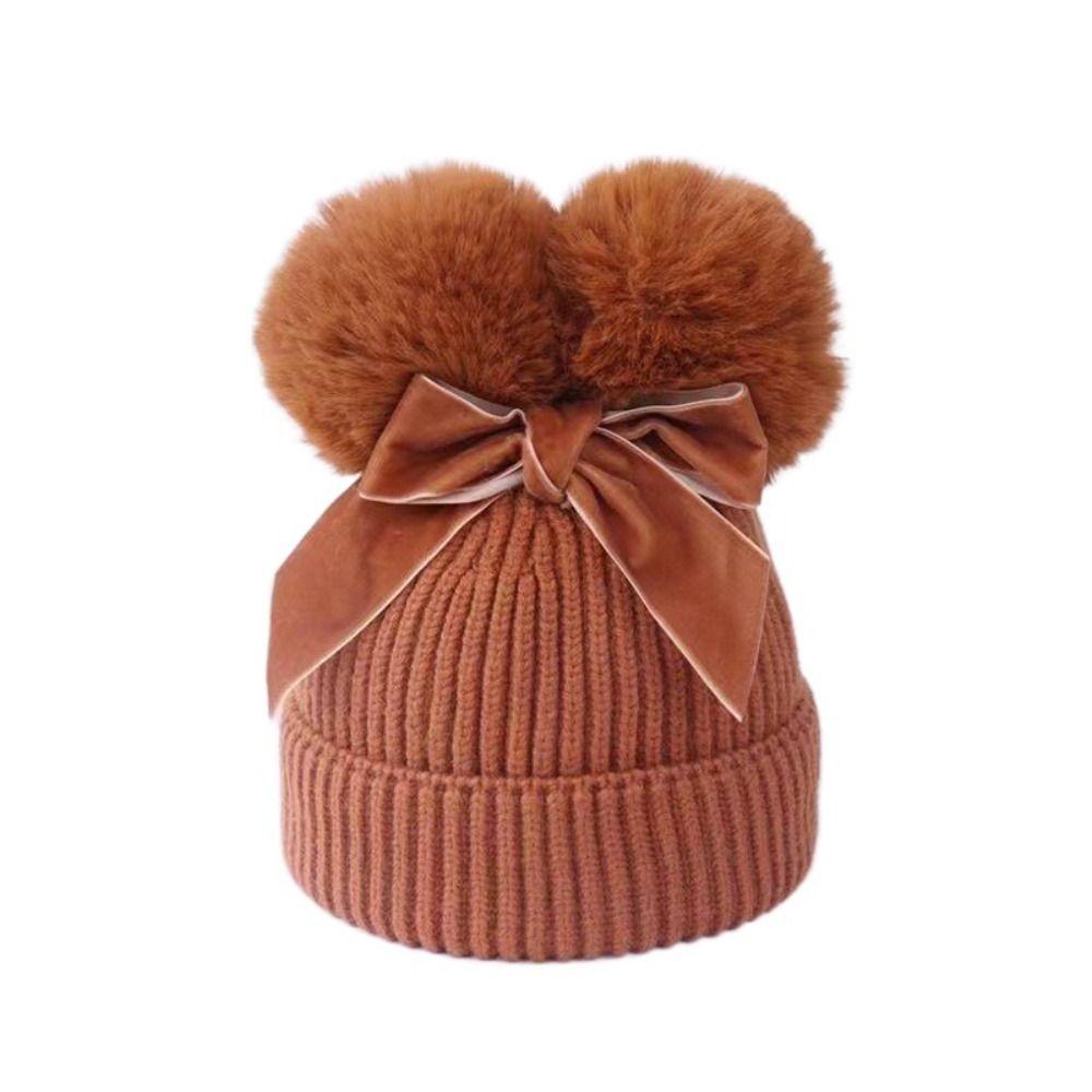 Winter Knitted Children s Woolen Hat With Pom Pom Cotton Lining Winter Hats Thicken Warm Cap Boys Girls коричневый