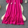 Elegant Retro Lace Up Summer Dress for Women A Line Ruffle Lantern Sleeve Loose Vacation Sweet O Neck Dresses