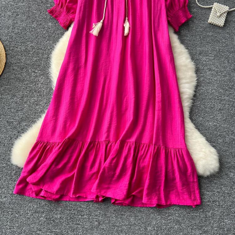 Elegant Retro Lace Up Summer Dress for Women A Line Ruffle Lantern Sleeve Loose Vacation Sweet O Neck Dresses