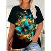 Summer Fashion Colorful Flower Butterfly 3D Printing Breathable Comfortable Short Sleeved T-shirt Soft Slightly Elastic Plus Size Women's T-shirt