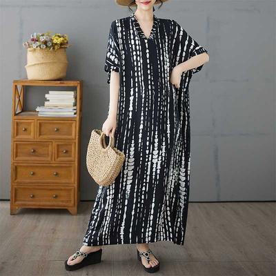 Black Striped Women's Cotton Short Sleeved Long Loose Casual Dress