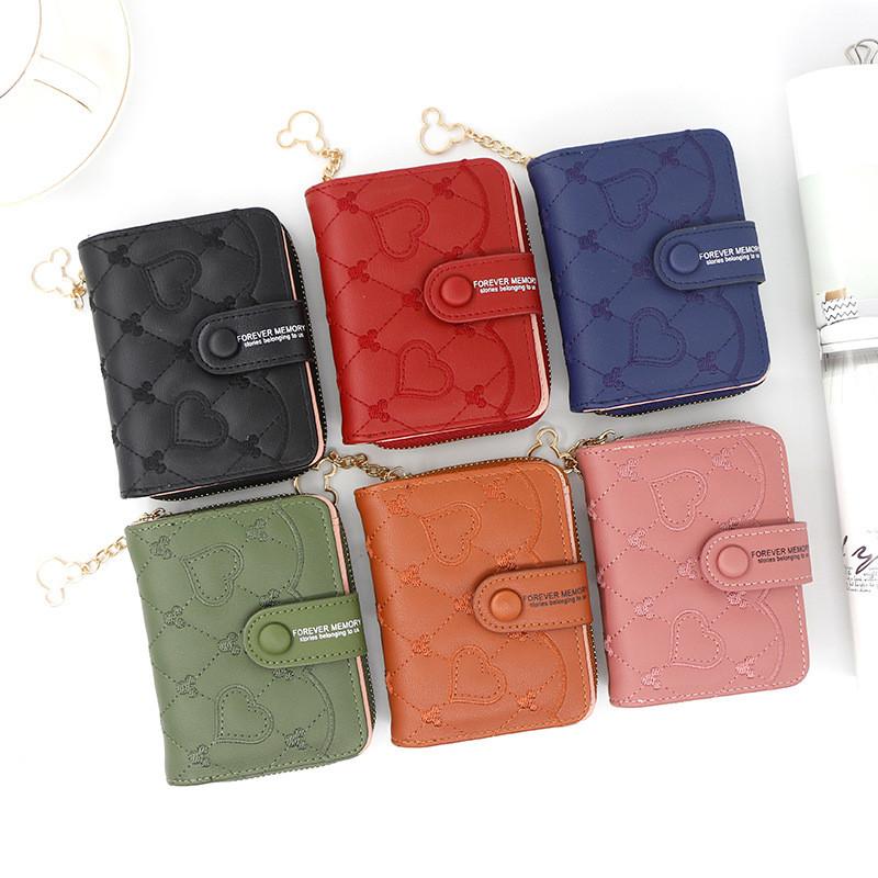 Pu Material Ladies Short Zipper Wallet With Heart Embellishments For Daily Use