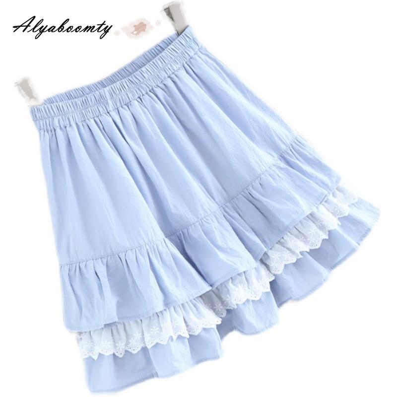 Stil Preppy Japonez Primăvară Vară Femei Mini Fustă Talie Înaltă Albastră Fustă Bal din Bumbac Broderie Dantelă Volane Fuste Scurte