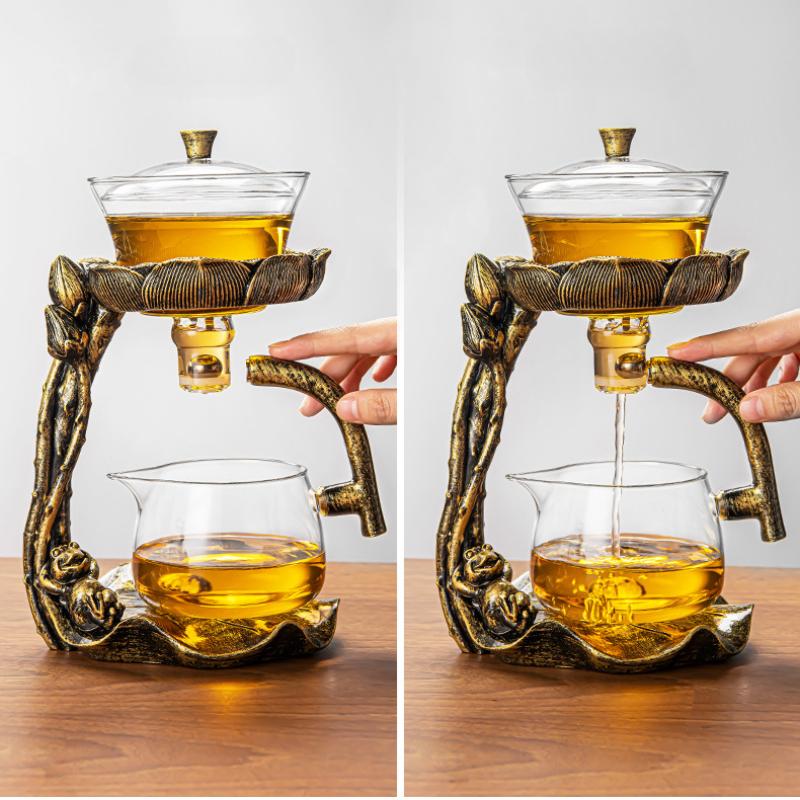 New Chinese Style Glass Lotus Autumn Light Lazy Automatic Teaware Set Business Gift High Borosilicate Glass Tea Maker