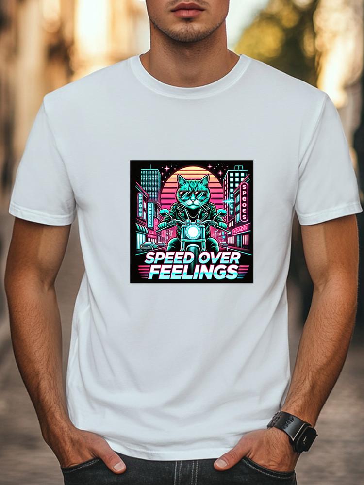 Retro Neon Biker Cat  Speed Over Feelings  Cool T-Shirt Men Women Unisex Tee Unisex T-Shirt XXXL