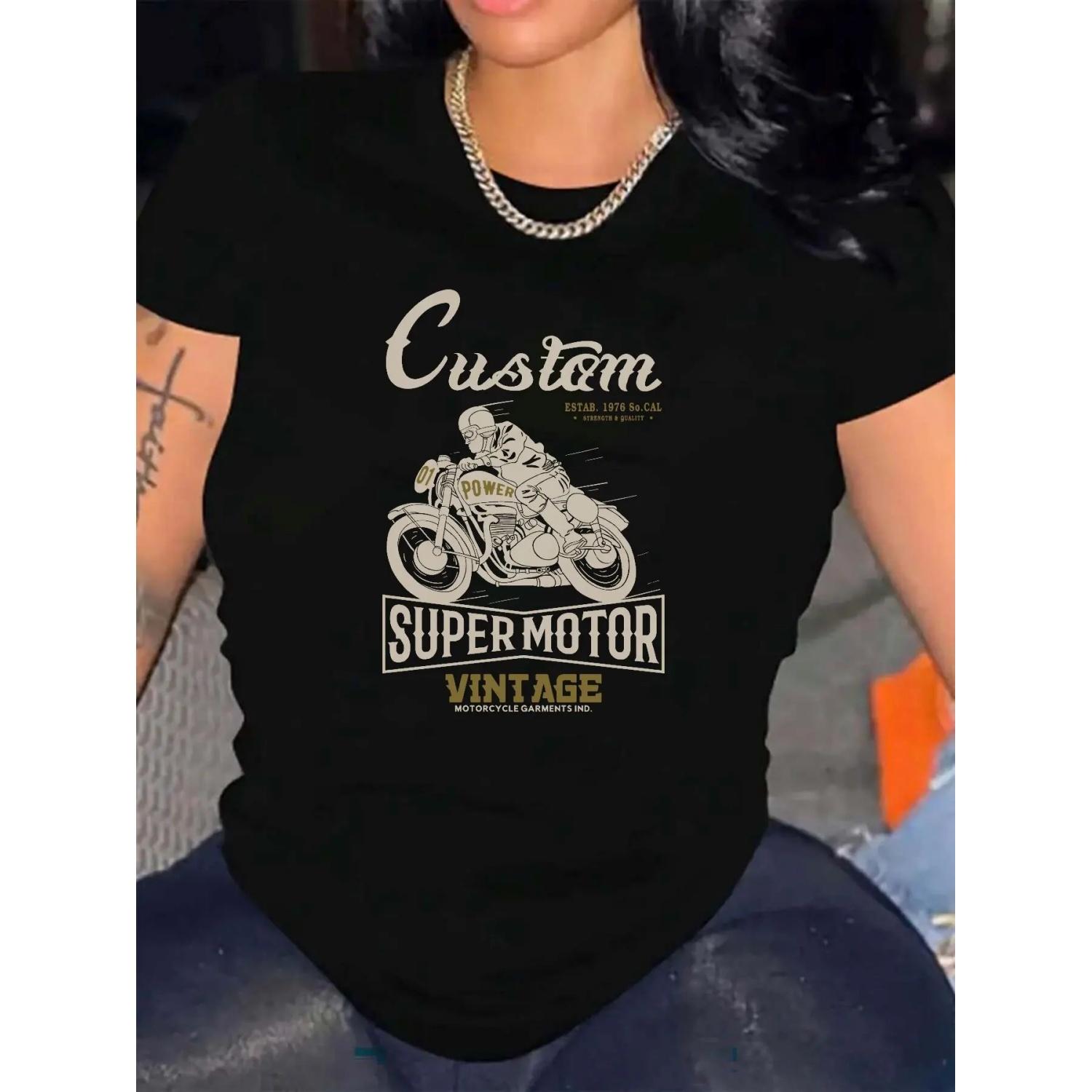 

Motorcycle T-Shirt Loose Fit Crew Neck Casual T-Shirt Women s Vintage Motorcycle Graphic T-Shirt Machine Washable Summer S чёрный