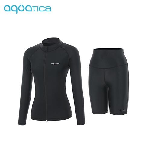 Akuatika Women'S Rash Guard Zip-Up Aqawjp23006 + Half Leggings Bk Set
