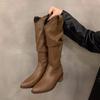 Vintage brown V-mouth pile of mid-top boots women's shoes 2025 spring/autumn winter pointed toe western denim boots