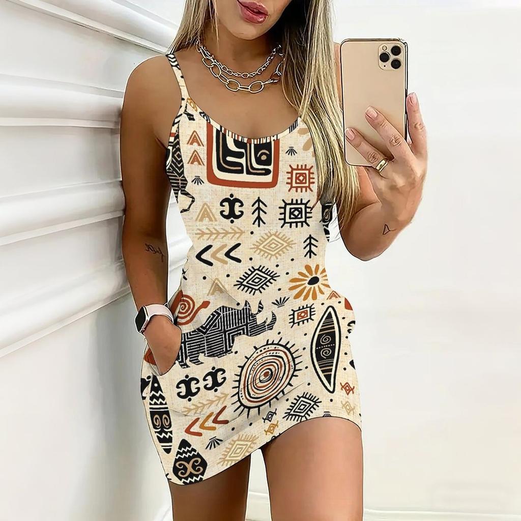 Summer New Retro Patterns Print Sleeveless Bodycon Dress with Pockets Sexy Slim Fit Elegant Party Dress