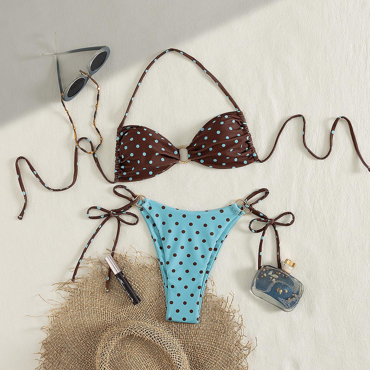 

New solid color sexy ring cut-out split swimsuit lace-up halter bandeau two-piece bikini set L