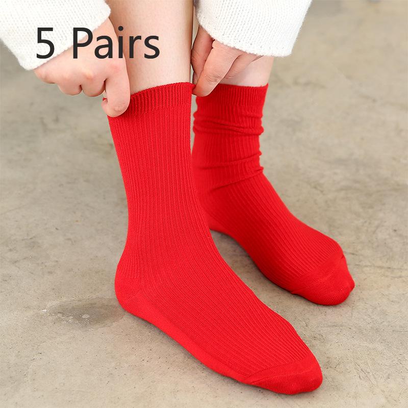 

5 пар женских носков осень-зима новые ретро однотонные полосатые в трубке 5 Pairs красный