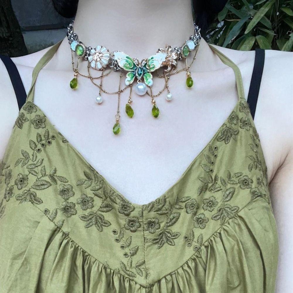 Imitation Pearl Tassel Crystal Necklace Sweet Women's Choker Rhinestone Butterfly Necklace Girls