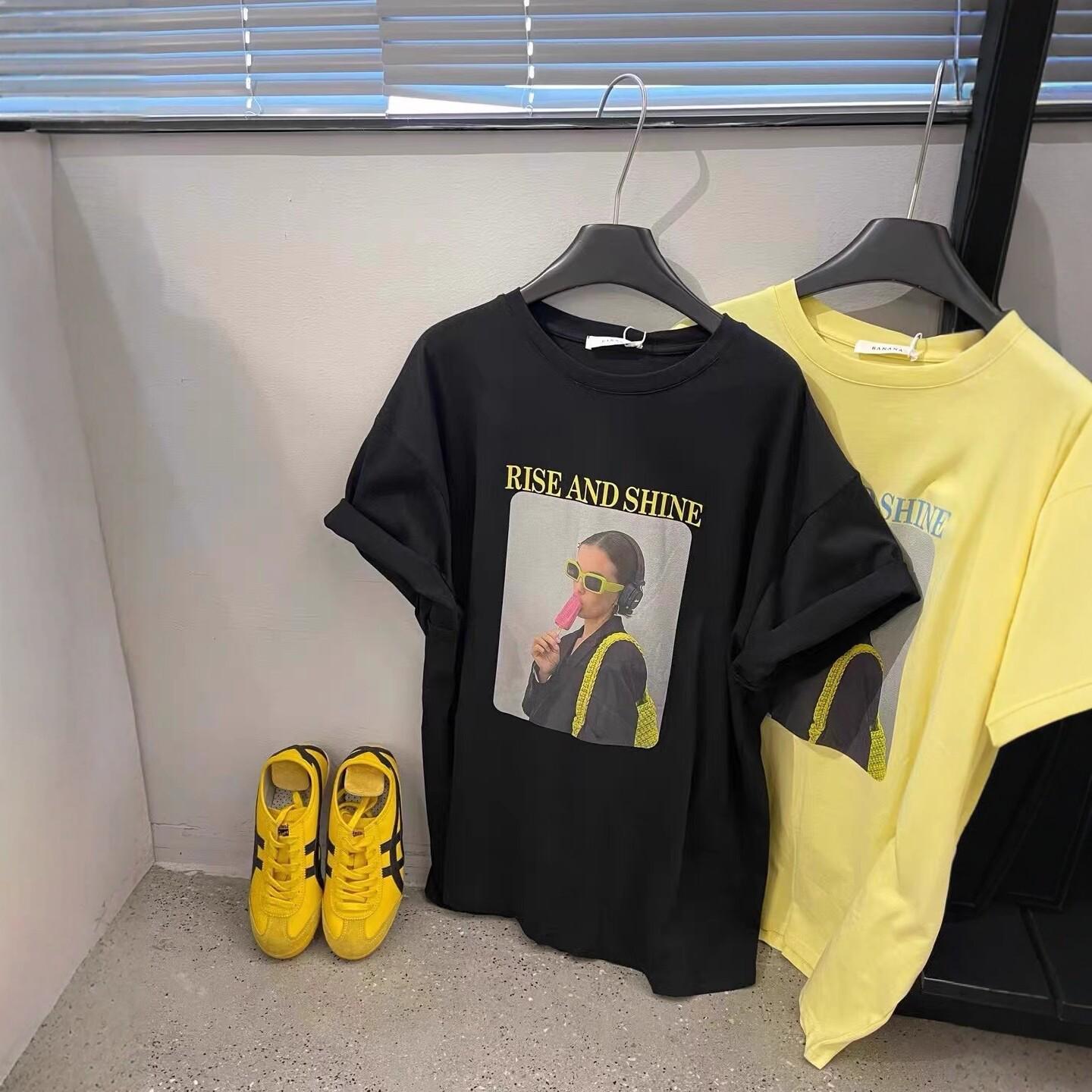 Korean Plus Size Loose American Print Cotton T-shirt for Women 2XL чёрный