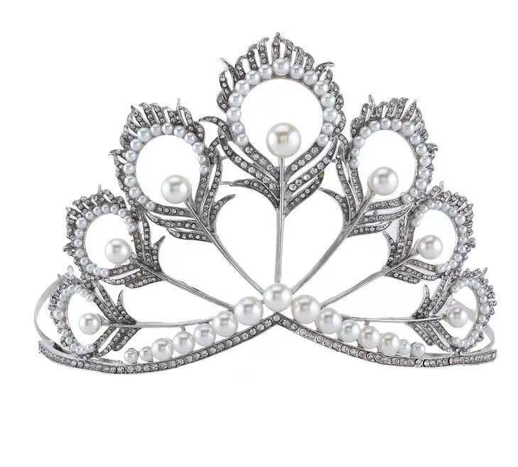 

Свадебная тиара со стразами, павлинье перо, жемчуг, большая корона, свадебное платье, аксессуары, корона