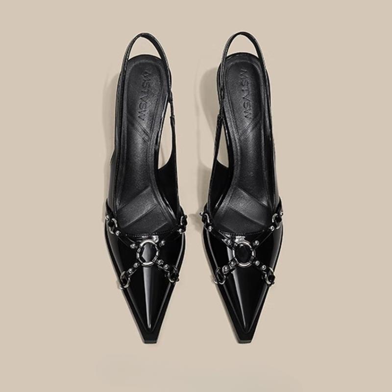 

Fashion 2025 Designer Women Sandals Fashion Pointed Toe Buckle Strap Metal High Heeled Kitten Heel Elegant Single Shoes Female 34 чёрный