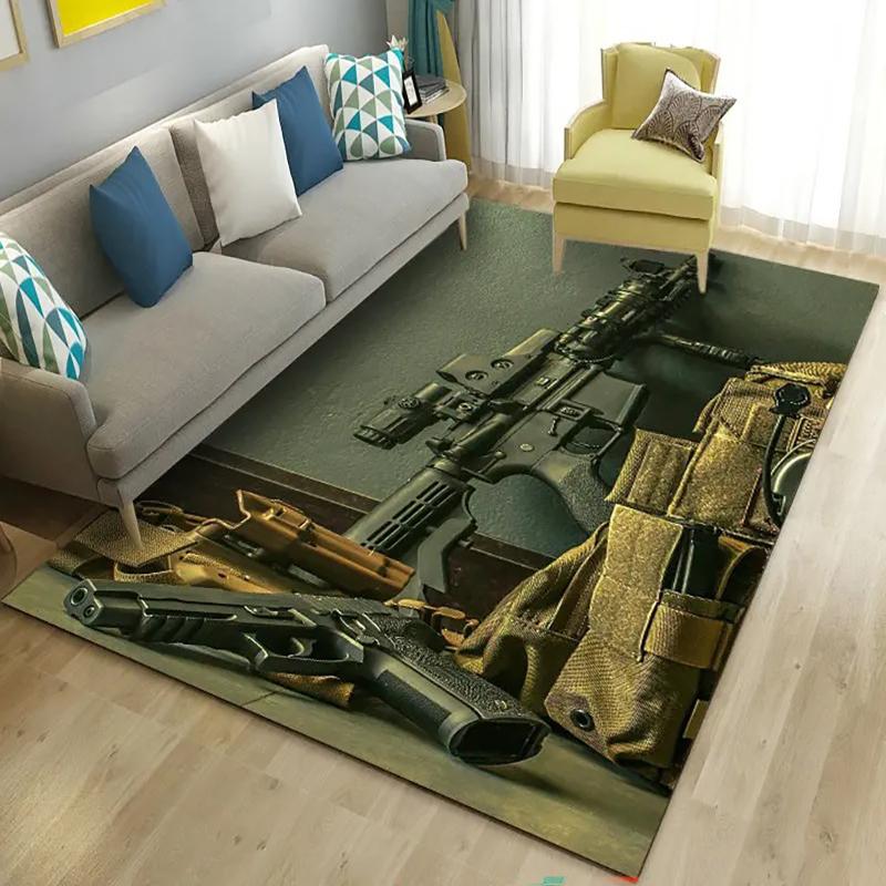 3D Assault Rifle Pistol Revolver Pattern Area Rug, Suitable for Kids' Play Area Anti-Slip Mat, Living Room Sofa Decorative Mat