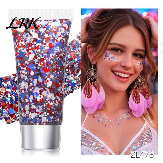 Party Face Glitter Independence Day Body Gel, Patriotic Red White Blue Hair Glitter, Sparkling Waterproof Makeup Sequins for 4th of July, Holiday