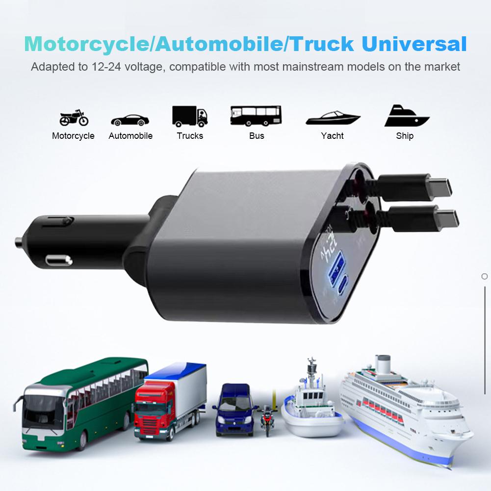 86W PD QC3.0 4 IN 1 Flexible Retractable Car Fast Charger for Apple USB Type C Super Fast Charger Cigarette Lighter Adapter