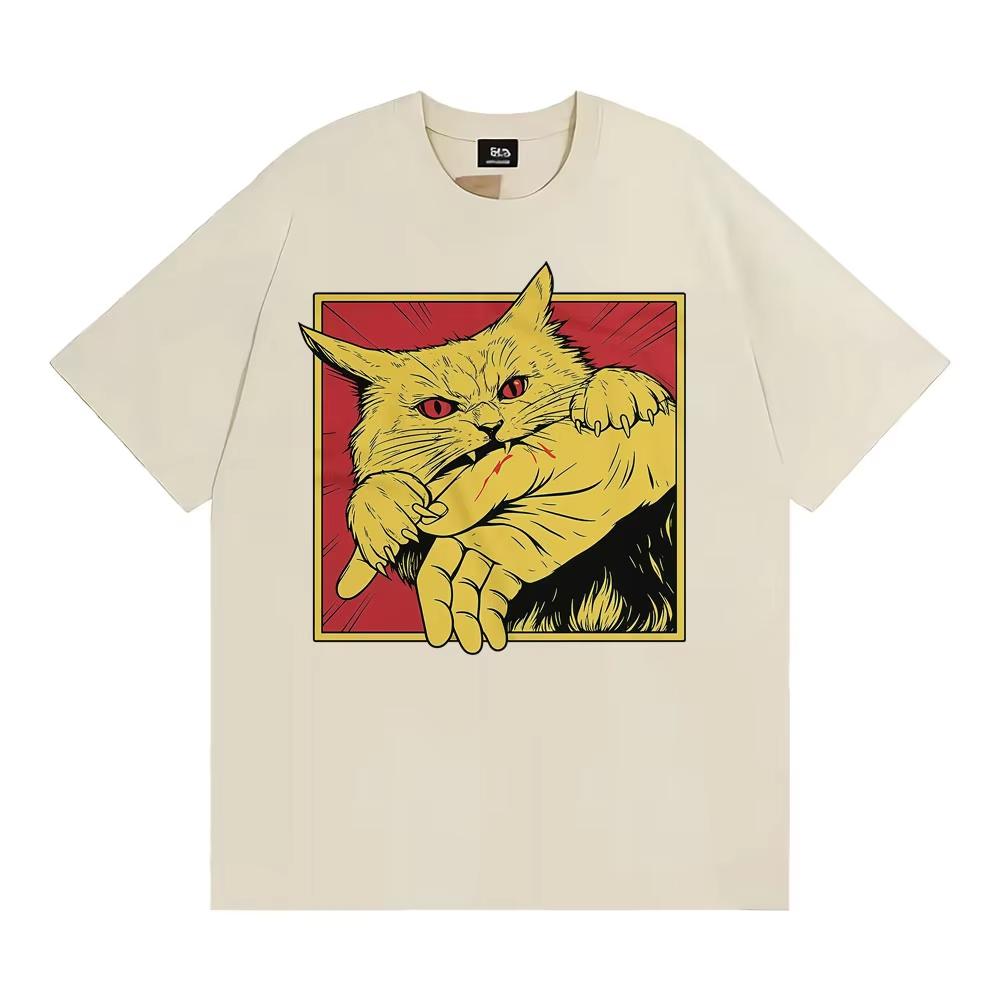 Angry Cat Biting Hand Funny Meme Tee Shirt Fashion Vintage Oversized T Shirts Men Women Summer Tops Cotton T-shirts