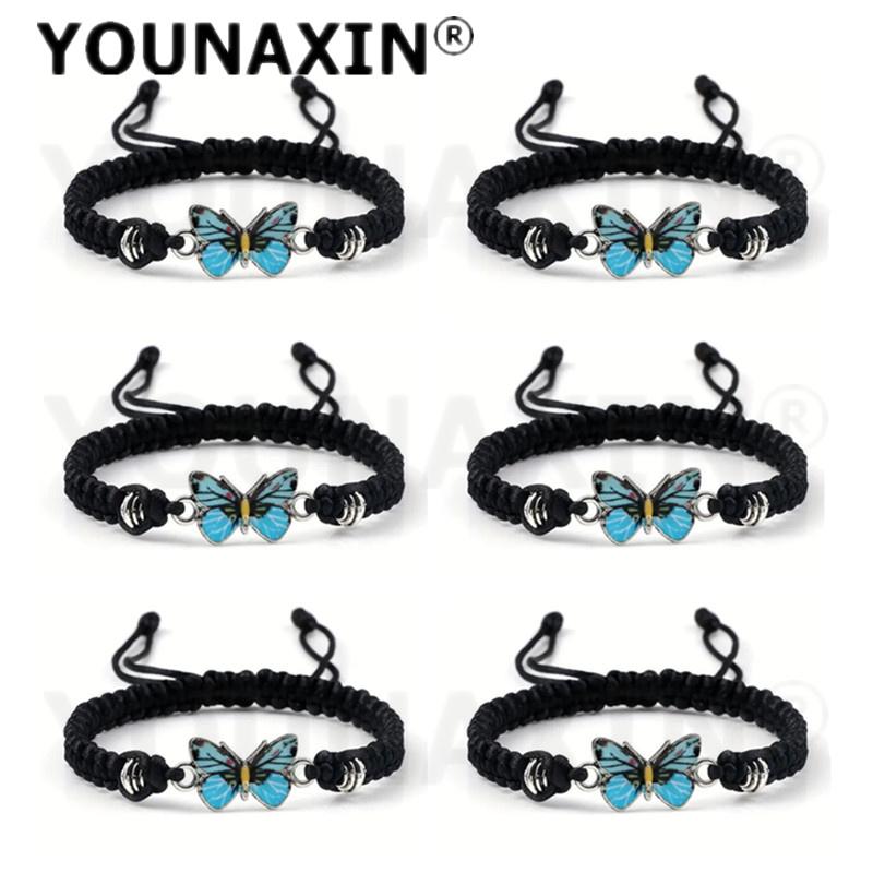 6 Pieces/Set Colorful Butterfly Charm Braided Bracelet, Adjustable Drawstring Rope Bracelet, Women s Niche Trendy Insect Jewelry For Gift синий