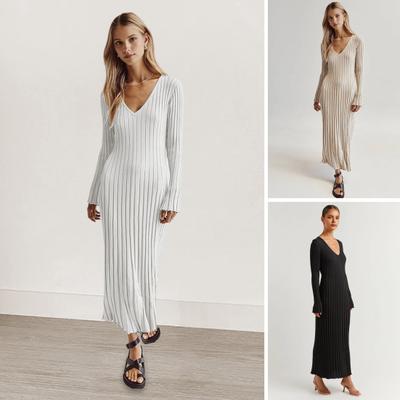 Herbst Winter Damen Kleid V-Ausschnitt Locker Lange Ärmel Einfarbig Gestrickt Schlanke Taille Maxikleid Dehnbar Casual Dating Pendeln Kleid