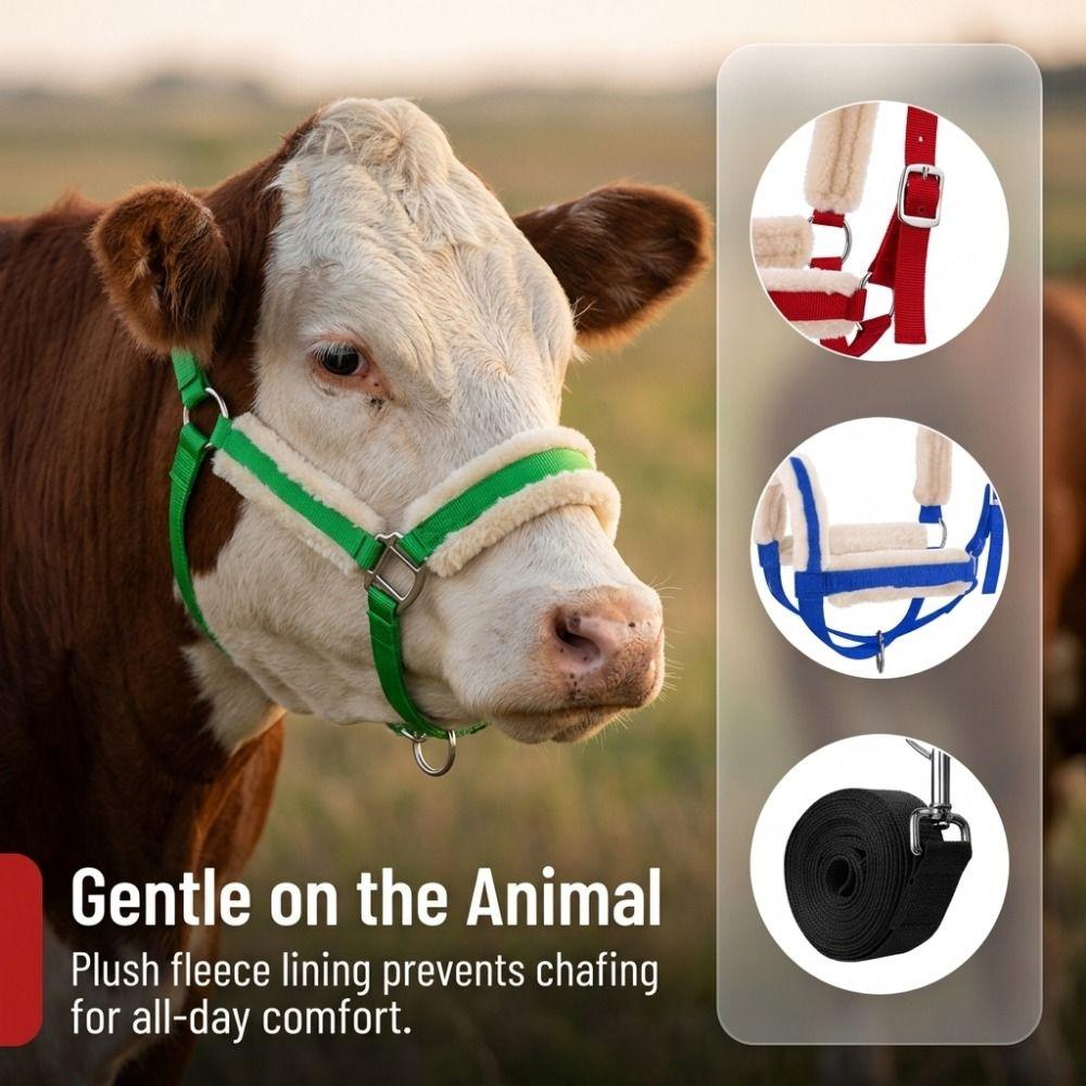 Plush Nylon Cow Halter Adjustable Animal Training Harness Halter Lead Rope Set Farm Use