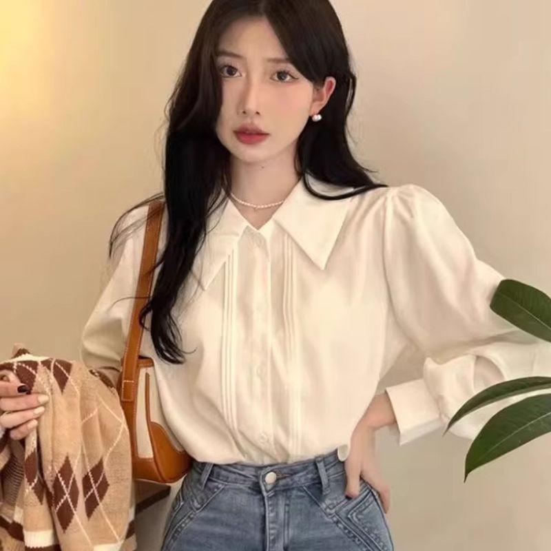 

French White Polo Collar Long Sleeves Shirt Women s Fall and Winter Stylish Bottoming Shirt Small Fleece Lined Warm Top White regular S