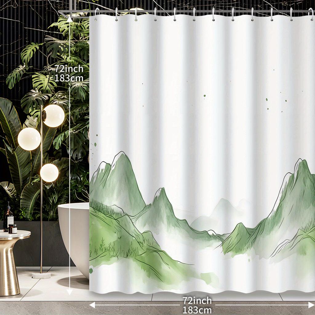 1pc Cartoon Watercolor Mountain Scenery Print Shower Curtain, Polyester Fabric with 12 Hooks, Bathroom Accessory