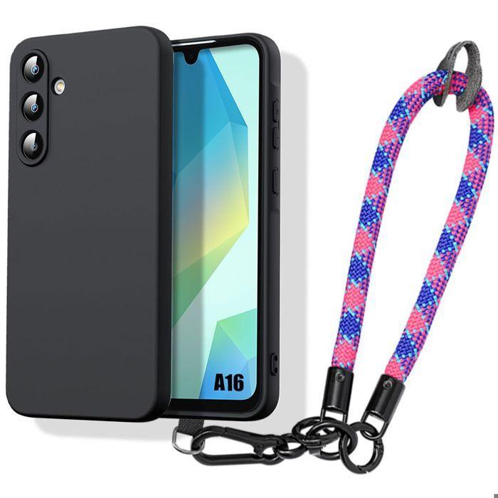 Coque pour samsung galaxy a16 5g/4g, antichoc silicone noir avec bracelet tricolore amovible