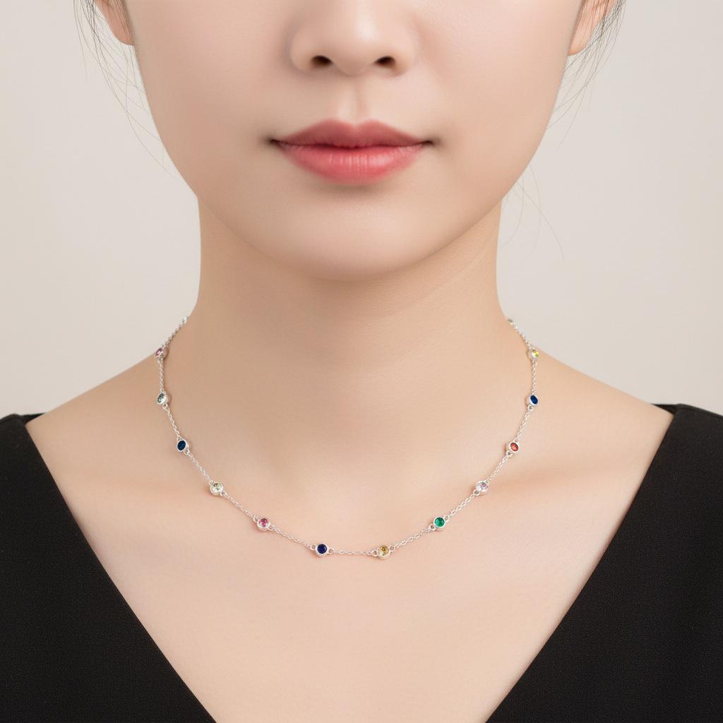Colorful Round Diamond Rainbow Clavicle Necklace for Women - High-End, Versatile, and Stylish