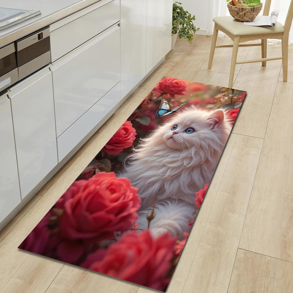 1Pcs Cat Rose Pattern Floor Mat Modern Kitchen Polyester Rug Non-Slip Colorful Indoor Carpet, For Home Bathroom Bedroom Living Room Decor